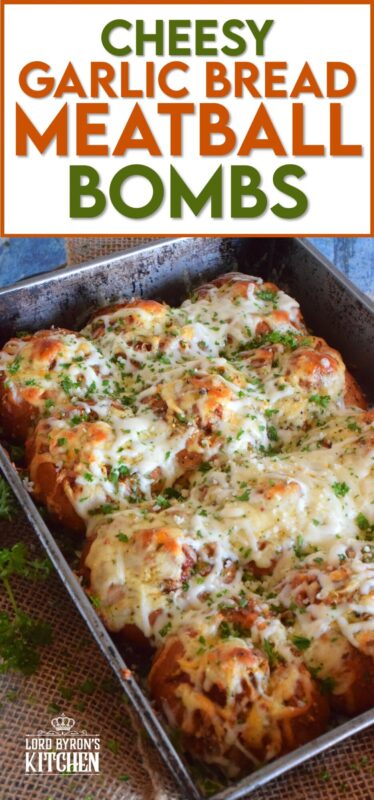 Garlic Bread Meatball Bombs are hollowed out dinner rolls which have been liberally smeared with homemade garlic butter. Each roll is stuffed with a meatball and sauce, then topped with cheese. Baked to a bubbling, gooey perfection, these bombs are the bomb! #meatballs #sliders #dinnerrollrecipes #bombs #meatballrecipes #familyrecipes #garlicbread