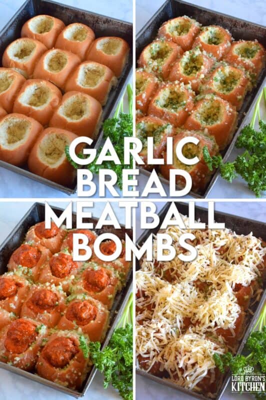 Garlic Bread Meatball Bombs are hollowed out dinner rolls which have been liberally smeared with homemade garlic butter. Each roll is stuffed with a meatball and sauce, then topped with cheese. Baked to a bubbling, gooey perfection, these bombs are the bomb! #meatballs #sliders #dinnerrollrecipes #bombs #meatballrecipes #familyrecipes #garlicbread