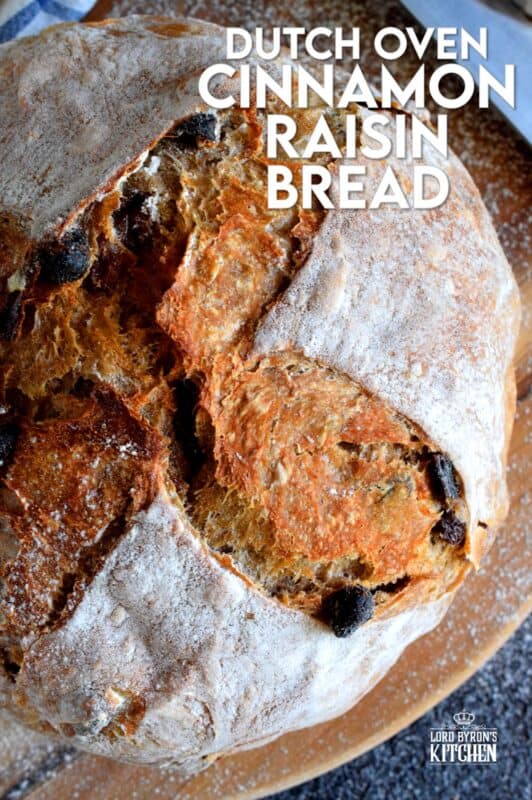 There's something really soothing and satisfying about freshly baked bread. Even more so when you bake that bread yourself! Dutch Oven Cinnamon Raisin Bread is the tastiest - and easiest! - bread you'll ever make. It's a good thing too, because you'll want to make this bread again and again! #dutchoven #cinnamon #raisin #cinnamonraisin #bread #homemadebread #dutchovenbread