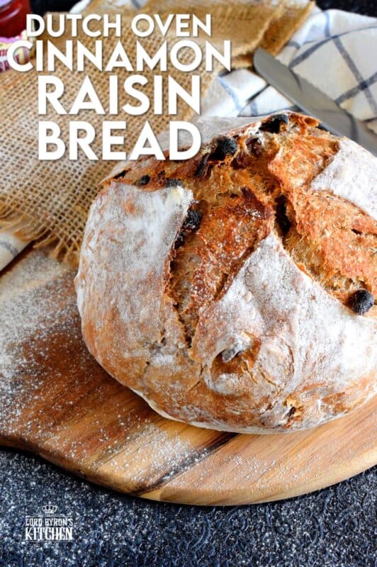 There's something really soothing and satisfying about freshly baked bread. Even more so when you bake that bread yourself! Dutch Oven Cinnamon Raisin Bread is the tastiest - and easiest! - bread you'll ever make. It's a good thing too, because you'll want to make this bread again and again! #dutchoven #cinnamon #raisin #cinnamonraisin #bread #homemadebread #dutchovenbread