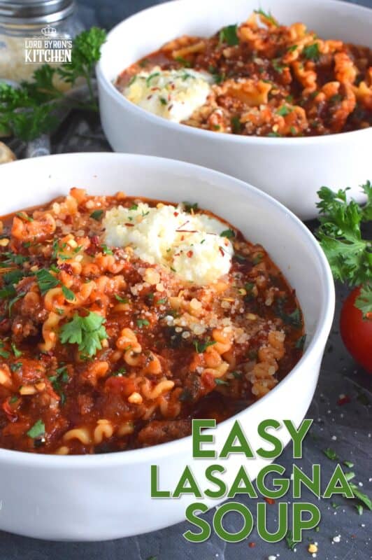 Hearty and beefy and topped with fresh mozzarella cheese, this Easy Lasagna Soup is a perfect meal for a chilly wintery night supper. Easy to prepare in about thirty minutes, and packed with familiar homestyle baked lasagna flavours. Kick it up a notch with a good sprinkling of chili flakes to add extra warmth and heat! #lasagna #soup #tomato #mozzarella #hearty #beef
