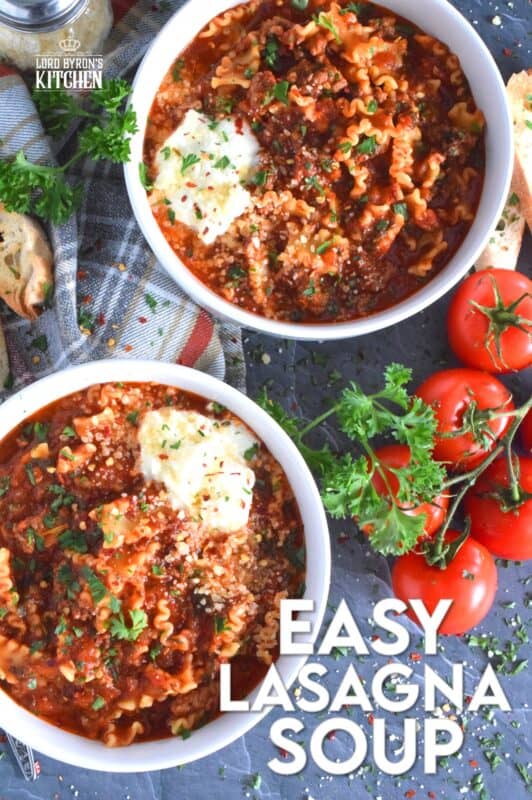 Hearty and beefy and topped with fresh mozzarella cheese, this Easy Lasagna Soup is a perfect meal for a chilly wintery night supper. Easy to prepare in about thirty minutes, and packed with familiar homestyle baked lasagna flavours. Kick it up a notch with a good sprinkling of chili flakes to add extra warmth and heat! #lasagna #soup #tomato #mozzarella #hearty #beef