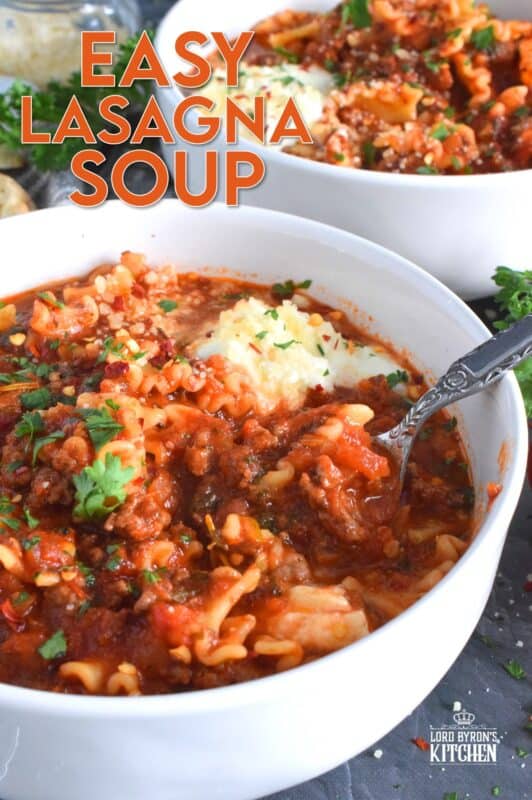 Hearty and beefy and topped with fresh mozzarella cheese, this Easy Lasagna Soup is a perfect meal for a chilly wintery night supper. Easy to prepare in about thirty minutes, and packed with familiar homestyle baked lasagna flavours. Kick it up a notch with a good sprinkling of chili flakes to add extra warmth and heat! #lasagna #soup #tomato #mozzarella #hearty #beef