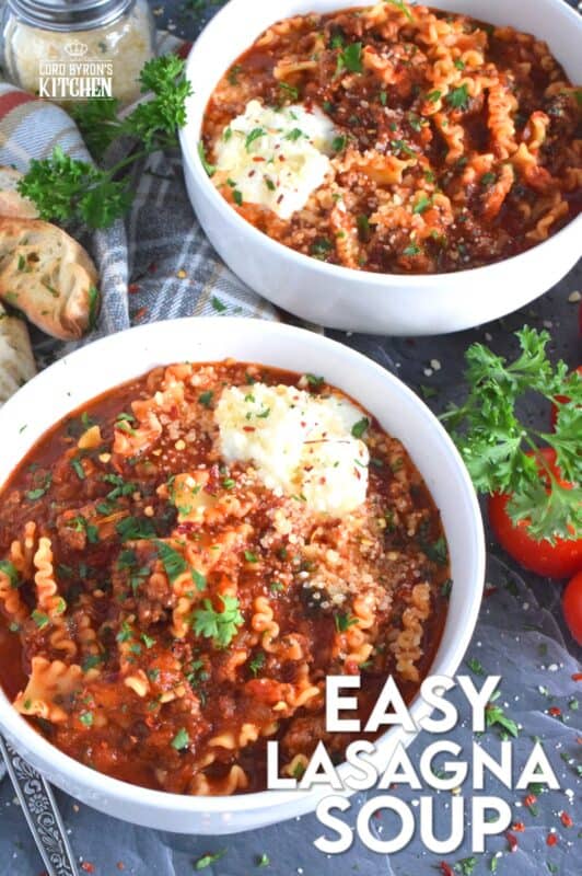 Hearty and beefy and topped with fresh mozzarella cheese, this Easy Lasagna Soup is a perfect meal for a chilly wintery night supper. Easy to prepare in about thirty minutes, and packed with familiar homestyle baked lasagna flavours. Kick it up a notch with a good sprinkling of chili flakes to add extra warmth and heat! #lasagna #soup #tomato #mozzarella #hearty #beef
