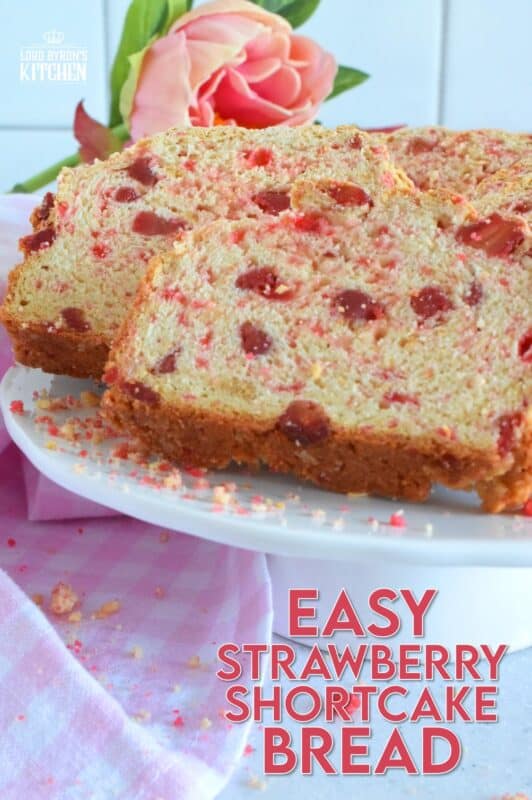 Made with a few simple ingredients, like flour, baking soda, sugar, and buttermilk, Easy Strawberry Shortcake Bread is a great introduction to bread baking, and the reward is delicious! Served warm with hot coffee or tea, or as the base for French Toast, this bread is just perfect! #strawberry #shortcake #bread #dessert #valentine