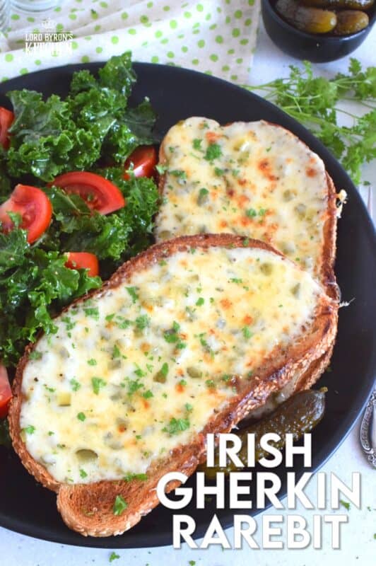 Otherwise known as cheese toast, rarebit is prepared with cheese sauce rather than cheese slices like the popular North American grilled cheese. Irish Gherkin Rarebit has pickles too, which is why it just might be my favourite! Cheap and easy, serve these with a side salad and extra gherkins for a complete meal! #rarebit #irish #ireland #stpatricksday #gherkin #cornichon