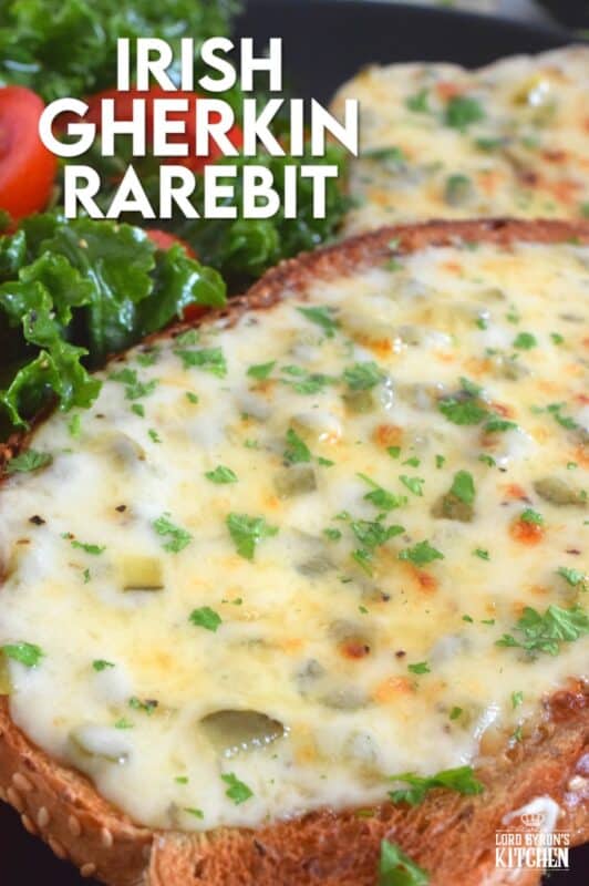 Otherwise known as cheese toast, rarebit is prepared with cheese sauce rather than cheese slices like the popular North American grilled cheese. Irish Gherkin Rarebit has pickles too, which is why it just might be my favourite! Cheap and easy, serve these with a side salad and extra gherkins for a complete meal! #rarebit #irish #ireland #stpatricksday #gherkin #cornichon