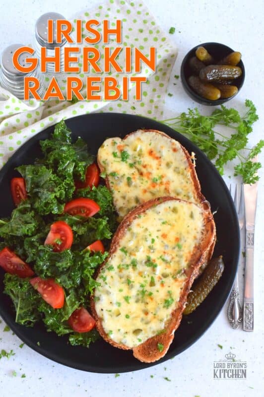 Otherwise known as cheese toast, rarebit is prepared with cheese sauce rather than cheese slices like the popular North American grilled cheese. Irish Gherkin Rarebit has pickles too, which is why it just might be my favourite! Cheap and easy, serve these with a side salad and extra gherkins for a complete meal! #rarebit #irish #ireland #stpatricksday #gherkin #cornichon