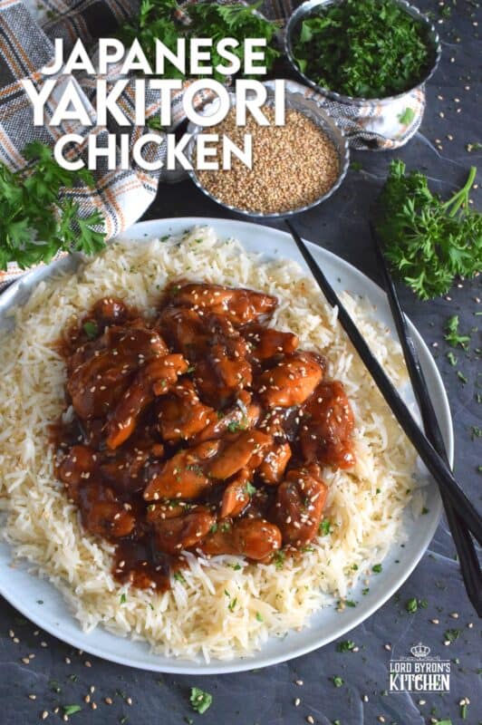 Sweet and sticky, garlicky and gingery, Japanese Yakitori Chicken is first marinated and then pan-fried with the most delicious, savoury sauce. Traditionally prepared on skewers, this version uses only a stovetop. It's quicker and easier, which makes it a great weeknight dinner option! #yakitori #japanese #chicken