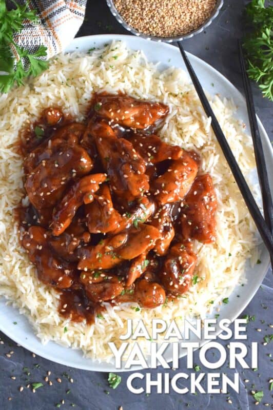 Sweet and sticky, garlicky and gingery, Japanese Yakitori Chicken is first marinated and then pan-fried with the most delicious, savoury sauce. Traditionally prepared on skewers, this version uses only a stovetop. It's quicker and easier, which makes it a great weeknight dinner option! #yakitori #japanese #chicken