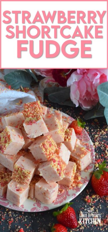 This no-bake fudge recipe is packed full of homemade strawberry shortcake crumbs. Made with melted white chocolate, Strawberry Shortcake Fudge is super easy and fast to make and tastes delicious too! Perfect for sharing with your favourite valentines! #strawberry #shortcake #fudge #nobake #valentine