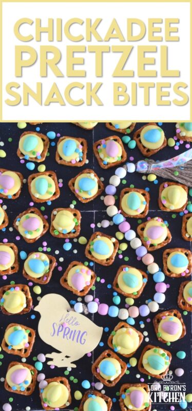 Oftentimes, these types of snacks are prepared with a large chocolate center, but to keep these Chickadee Pretzel Snack Bites as Easter-like as possible, use a yellow candy melt wafer instead! Top them with a Cadbury Mini Egg and festive sprinkles! Not only are they super cute, but they're also super delicious! #easter #pretzel #treats #snacks