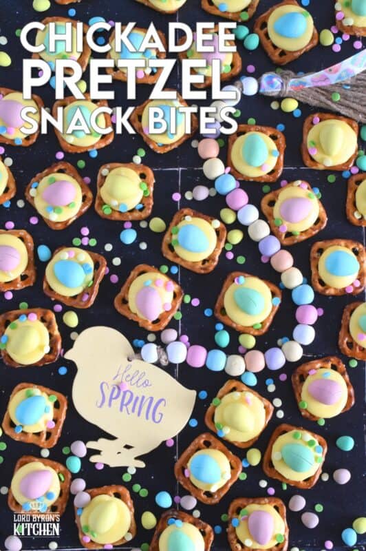 Oftentimes, these types of snacks are prepared with a large chocolate center, but to keep these Chickadee Pretzel Snack Bites as Easter-like as possible, use a yellow candy melt wafer instead! Top them with a Cadbury Mini Egg and festive sprinkles! Not only are they super cute, but they're also super delicious! #easter #pretzel #treats #snacks