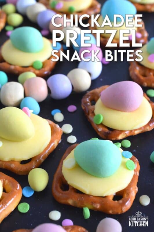Oftentimes, these types of snacks are prepared with a large chocolate center, but to keep these Chickadee Pretzel Snack Bites as Easter-like as possible, use a yellow candy melt wafer instead! Top them with a Cadbury Mini Egg and festive sprinkles! Not only are they super cute, but they're also super delicious! #easter #pretzel #treats #snacks