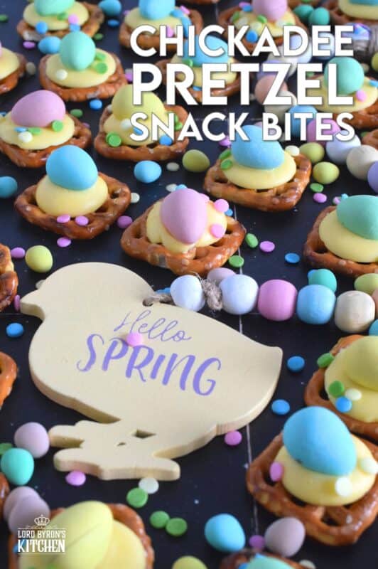 Oftentimes, these types of snacks are prepared with a large chocolate center, but to keep these Chickadee Pretzel Snack Bites as Easter-like as possible, use a yellow candy melt wafer instead! Top them with a Cadbury Mini Egg and festive sprinkles! Not only are they super cute, but they're also super delicious! #easter #pretzel #treats #snacks