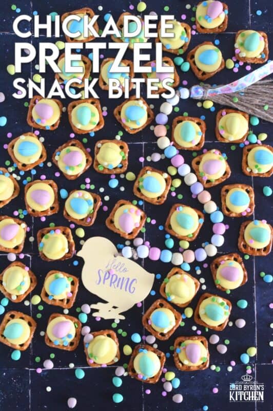Oftentimes, these types of snacks are prepared with a large chocolate center, but to keep these Chickadee Pretzel Snack Bites as Easter-like as possible, use a yellow candy melt wafer instead! Top them with a Cadbury Mini Egg and festive sprinkles! Not only are they super cute, but they're also super delicious! #easter #pretzel #treats #snacks