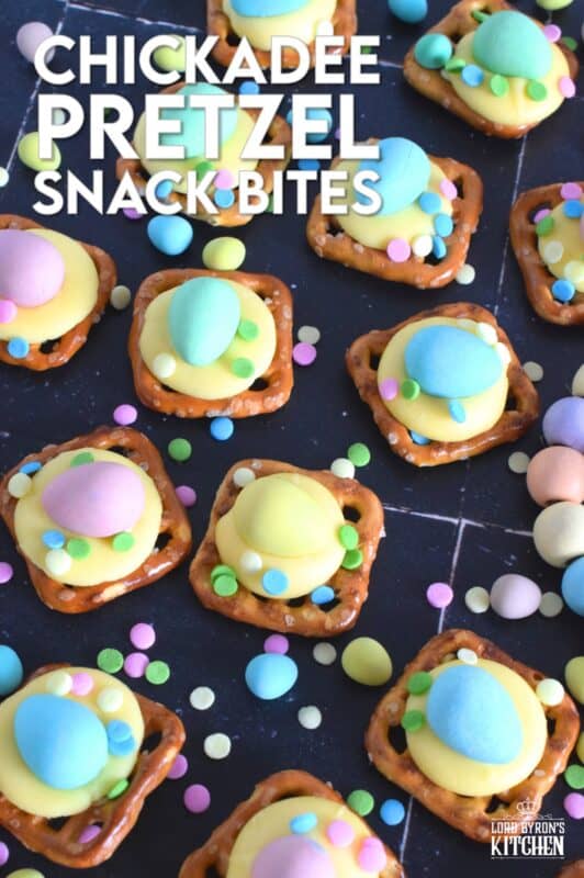 Oftentimes, these types of snacks are prepared with a large chocolate center, but to keep these Chickadee Pretzel Snack Bites as Easter-like as possible, use a yellow candy melt wafer instead! Top them with a Cadbury Mini Egg and festive sprinkles! Not only are they super cute, but they're also super delicious! #easter #pretzel #treats #snacks