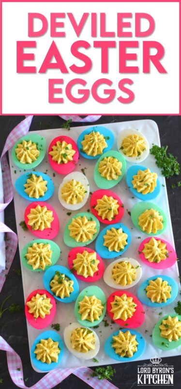 Easter isn't Easter without boiled eggs, so why not have some fun and make a batch of very Easter-y and very colourful Deviled Easter Eggs!? Don't hide these around the house and give the Easter Bunny all the credit! #deviledeggs #eastereggs #easter #deviled #boiledeggs #dyedeggs