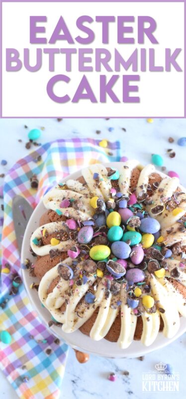 If it's a super moist and fluffy cake recipe you're looking for, look no further!  This Easter Buttermilk Cake is absolutely delicious just as it is, but the cream cheese frosting, which is prepared with buttermilk as well, makes this cake taste extraordinary!  Loaded up with chocolate eggs, this cake is sure to delight and impress! #bundtbakers #easter #buttermilk #cake #bundt