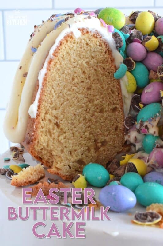 If it's a super moist and fluffy cake recipe you're looking for, look no further!  This Easter Buttermilk Cake is absolutely delicious just as it is, but the cream cheese frosting, which is prepared with buttermilk as well, makes this cake taste extraordinary!  Loaded up with chocolate eggs, this cake is sure to delight and impress! #bundtbakers #easter #buttermilk #cake #bundt
