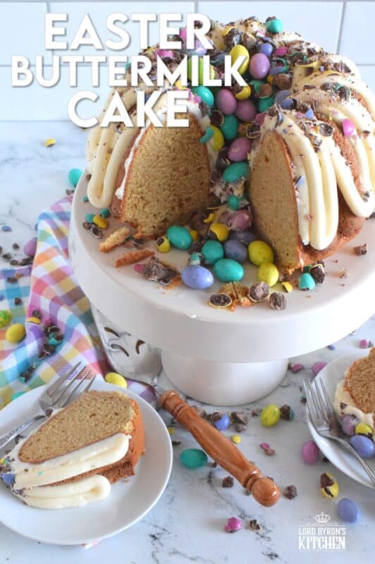 If it's a super moist and fluffy cake recipe you're looking for, look no further!  This Easter Buttermilk Cake is absolutely delicious just as it is, but the cream cheese frosting, which is prepared with buttermilk as well, makes this cake taste extraordinary!  Loaded up with chocolate eggs, this cake is sure to delight and impress! #bundtbakers #easter #buttermilk #cake #bundt