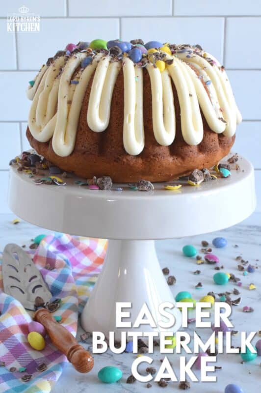 If it's a super moist and fluffy cake recipe you're looking for, look no further!  This Easter Buttermilk Cake is absolutely delicious just as it is, but the cream cheese frosting, which is prepared with buttermilk as well, makes this cake taste extraordinary!  Loaded up with chocolate eggs, this cake is sure to delight and impress! #bundtbakers #easter #buttermilk #cake #bundt