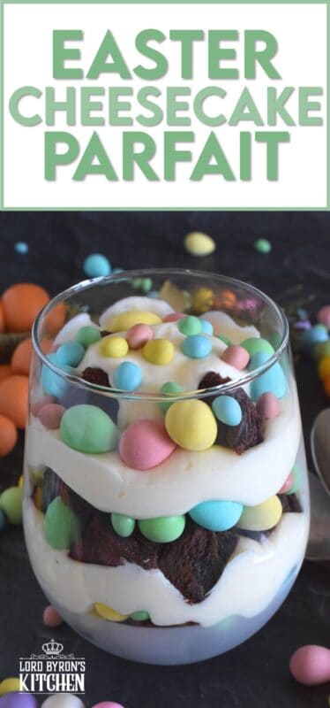 Crumbled brownies are layered with chocolate mini eggs and a homemade cream cheese filling in this Easter Cheesecake Parfait recipe. Easily prepare everything a few days ahead of time and assemble the parfaits when ready to serve. Make extra because these are deliciously addictive! #easter #dessert #parfait #brownie #minieggs
