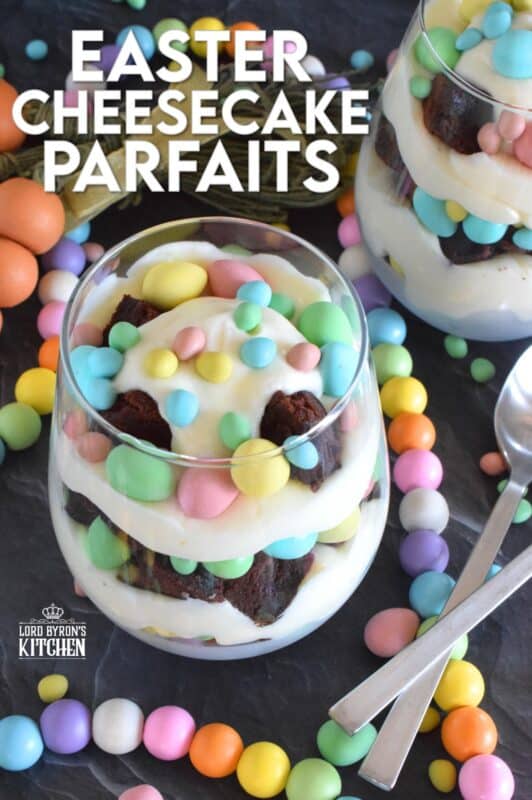 Crumbled brownies are layered with chocolate mini eggs and a homemade cream cheese filling in this Easter Cheesecake Parfait recipe. Easily prepare everything a few days ahead of time and assemble the parfaits when ready to serve. Make extra because these are deliciously addictive! #easter #dessert #parfait #brownie #minieggs