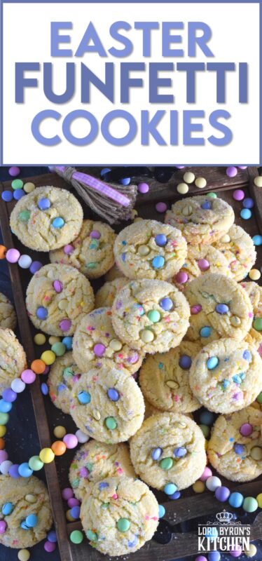 Candy-coated chocolate and pastel sprinkles are very popular when baking for Easter, especially if you're baking for kids!  However, the kids are going to have to share with the adults, because when it comes to these Easter Funfetti Cookies, they appeal to everyone! With a sweet, sugary coating, these soft and chewy cookies are loaded with lots of colour and flavour!  It's hard to eat just one of these! #easter #funfetti #candy #sprinkles #pastel #cookies
