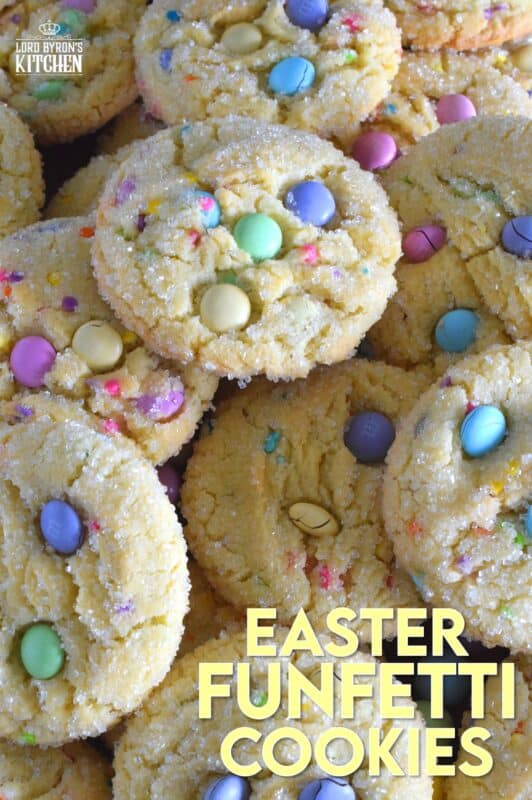 Candy-coated chocolate and pastel sprinkles are very popular when baking for Easter, especially if you're baking for kids!  However, the kids are going to have to share with the adults, because when it comes to these Easter Funfetti Cookies, they appeal to everyone! With a sweet, sugary coating, these soft and chewy cookies are loaded with lots of colour and flavour!  It's hard to eat just one of these! #easter #funfetti #candy #sprinkles #pastel #cookies