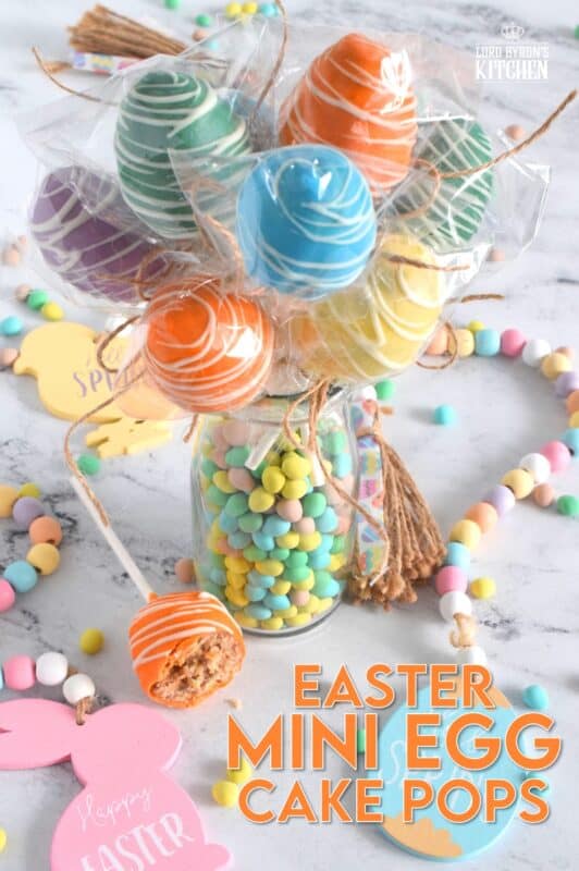 Prepared with a homemade chocolate mini egg cake center, dipped in spring-like, pastel-coloured candy melts, and drizzled with melted white chocolate, Easter Mini Egg Cake Pops are fun to make and are super fun to eat too! So much cheaper than store-bought cake pops, these are almost too delicious to share! #easter #cakepops #minieggs
