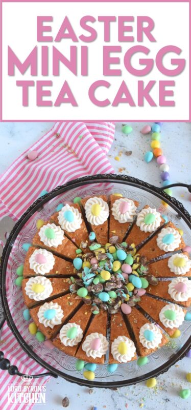 Prepared with crushed chocolate mini eggs and topped with a dollop of buttercream frosting, this Easter Mini Egg Tea Cake looks quite delicious and inviting! Keep the decorating simple with a pile of mini eggs right in the center and let the cake speak for itself! A delightful treat, this cake is a beautiful Easter dessert! #minieggs #easter #cadbury #cake #teacake