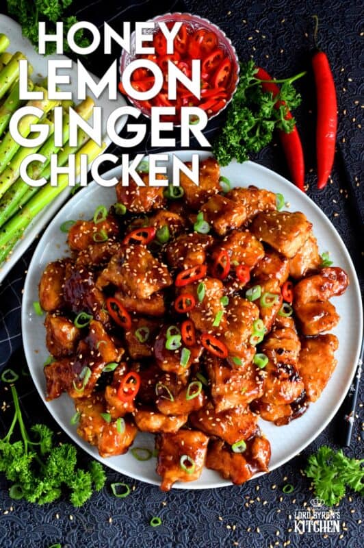 Tender pieces of chicken glazed in a thick, sweet, sour, and tangy sauce. Perfectly moist and juicy, Honey Lemon Ginger Glazed Chicken is a dish that's sure to get everyone to the dinner table. Asian-inspired dishes like this are not complicated and are so much better than takeout! #honeylemon #honeyginger #gingerchicken #asianfood #glazed #stickychicken #chicken