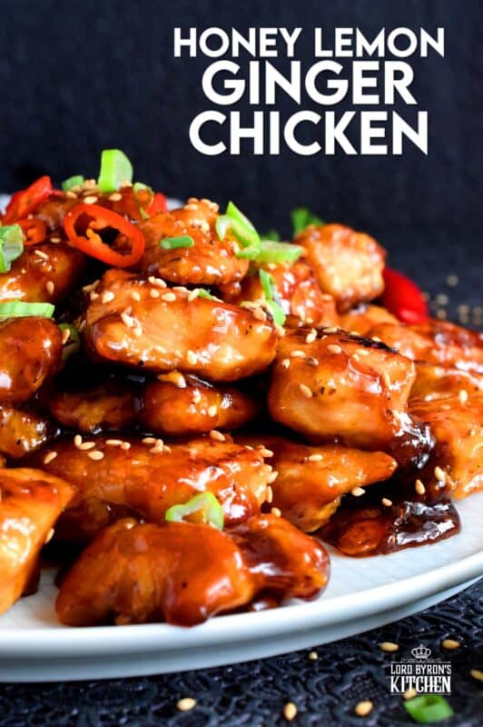 Tender pieces of chicken glazed in a thick, sweet, sour, and tangy sauce. Perfectly moist and juicy, Honey Lemon Ginger Glazed Chicken is a dish that's sure to get everyone to the dinner table. Asian-inspired dishes like this are not complicated and are so much better than takeout! #honeylemon #honeyginger #gingerchicken #asianfood #glazed #stickychicken #chicken