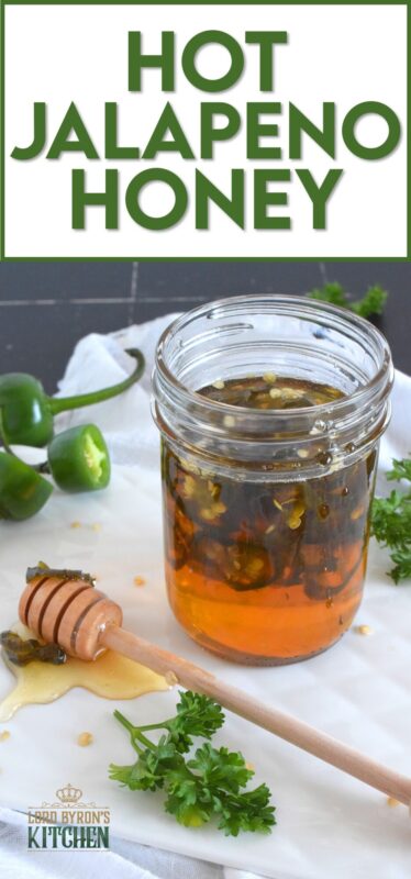With only two ingredients, this Hot Jalapeno Honey is about to be your new favourite condiment.  Sliced jalapenos are boiled in honey to create a hot and spicy, sticky and sweet drizzling sauce.  Be fair warned, this stuff is so good it's addictive! #jalapeno #honey #hothoney #hotandspicy