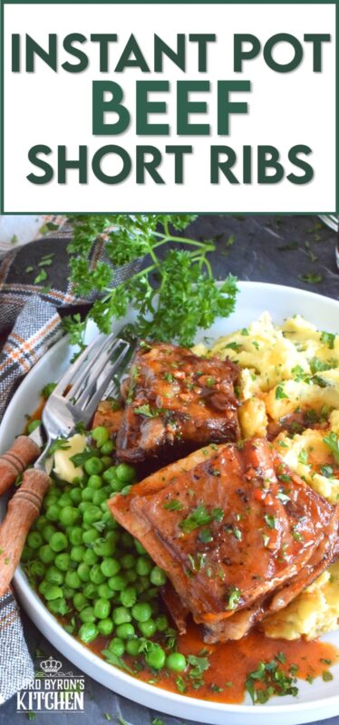 Saucy and savoury, Instant Pot Beef Short Ribs are tender and flavourful - just the way ribs should be!  Take the long, slow-braising, stovetop cooking method out of the equation with this faster instant pot recipe! The braising liquid easily doubles as a delicious gravy too! #instantpot #ribs #shortribs #beef #beefribs