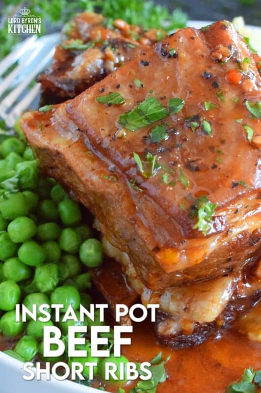Saucy and savoury, Instant Pot Beef Short Ribs are tender and flavourful - just the way ribs should be!  Take the long, slow-braising, stovetop cooking method out of the equation with this faster instant pot recipe! The braising liquid easily doubles as a delicious gravy too! #instantpot #ribs #shortribs #beef #beefribs