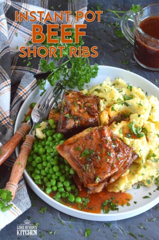 Saucy and savoury, Instant Pot Beef Short Ribs are tender and flavourful - just the way ribs should be!  Take the long, slow-braising, stovetop cooking method out of the equation with this faster instant pot recipe! The braising liquid easily doubles as a delicious gravy too! #instantpot #ribs #shortribs #beef #beefribs