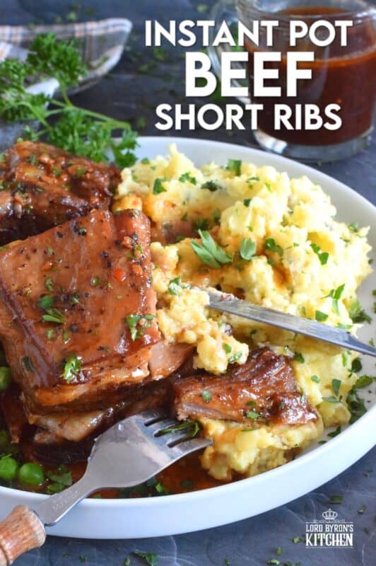 Saucy and savoury, Instant Pot Beef Short Ribs are tender and flavourful - just the way ribs should be!  Take the long, slow-braising, stovetop cooking method out of the equation with this faster instant pot recipe! The braising liquid easily doubles as a delicious gravy too! #instantpot #ribs #shortribs #beef #beefribs