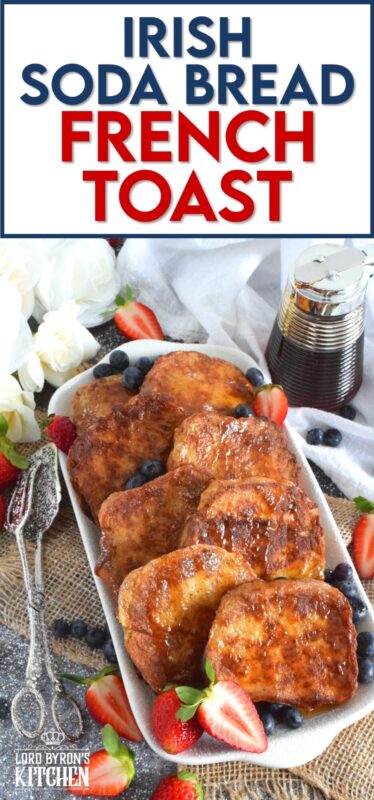 Homemade Irish Soda Bread is a quick-bake bread with no yeast, which makes it a dense bread, yet it's still very light and airy.  Soaking the slices in an egg mixture and pan-frying them in butter makes for a deliciously wonderful St. Patrick's Day breakfast!  You have got to try this Irish Soda Bread French Toast; you will not be disappointed! #frenchtoast #sodabread #stpatricksday #irish