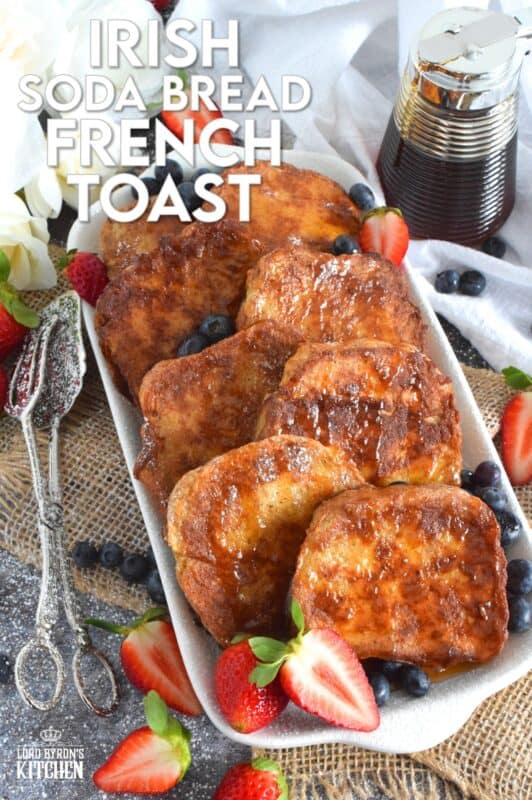Homemade Irish Soda Bread is a quick-bake bread with no yeast, which makes it a dense bread, yet it's still very light and airy.  Soaking the slices in an egg mixture and pan-frying them in butter makes for a deliciously wonderful St. Patrick's Day breakfast!  You have got to try this Irish Soda Bread French Toast; you will not be disappointed! #frenchtoast #sodabread #stpatricksday #irish