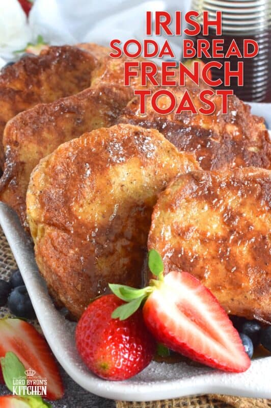 Homemade Irish Soda Bread is a quick-bake bread with no yeast, which makes it a dense bread, yet it's still very light and airy.  Soaking the slices in an egg mixture and pan-frying them in butter makes for a deliciously wonderful St. Patrick's Day breakfast!  You have got to try this Irish Soda Bread French Toast; you will not be disappointed! #frenchtoast #sodabread #stpatricksday #irish