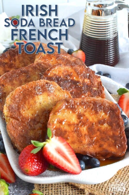 Homemade Irish Soda Bread is a quick-bake bread with no yeast, which makes it a dense bread, yet it's still very light and airy.  Soaking the slices in an egg mixture and pan-frying them in butter makes for a deliciously wonderful St. Patrick's Day breakfast!  You have got to try this Irish Soda Bread French Toast; you will not be disappointed! #frenchtoast #sodabread #stpatricksday #irish
