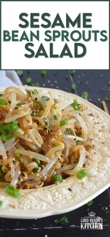 Served warm or cold, Sesame Bean Sprouts Salad is a crunchy and delicious side that can be prepared in less than 10 minutes! Blanched sprouts are tossed in a savoury, earthy, salty sauce made with soy sauce, sesame oil, minced garlic, and lots of fresh green onions. #beansprouts #salad #sesame