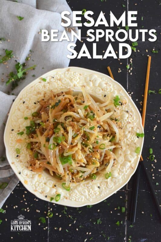 Served warm or cold, Sesame Bean Sprouts Salad is a crunchy and delicious side that can be prepared in less than 10 minutes! Blanched sprouts are tossed in a savoury, earthy, salty sauce made with soy sauce, sesame oil, minced garlic, and lots of fresh green onions. #beansprouts #salad #sesame