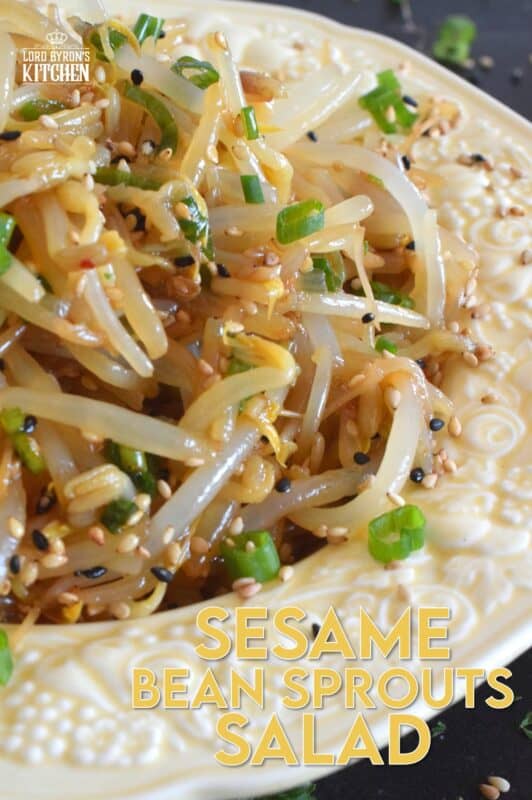 Served warm or cold, Sesame Bean Sprouts Salad is a crunchy and delicious side that can be prepared in less than 10 minutes! Blanched sprouts are tossed in a savoury, earthy, salty sauce made with soy sauce, sesame oil, minced garlic, and lots of fresh green onions. #beansprouts #salad #sesame