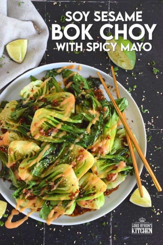 A delicious, quick and easy side dish, Soy Sesame Bok Choy with an optional Spicy Mayo takes less than 15 minutes from start to finish!  Seasoned and sauced with a savoury, salty, and slightly sour homemade dressing, this side is one you will want to make over and over again! #bokchoy #asian #sesame #sides