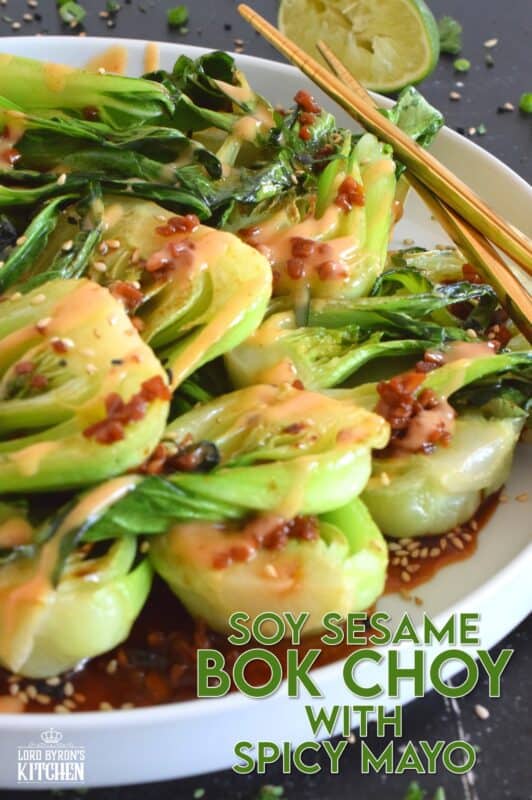 A delicious, quick and easy side dish, Soy Sesame Bok Choy with an optional Spicy Mayo takes less than 15 minutes from start to finish!  Seasoned and sauced with a savoury, salty, and slightly sour homemade dressing, this side is one you will want to make over and over again! #bokchoy #asian #sesame #sides