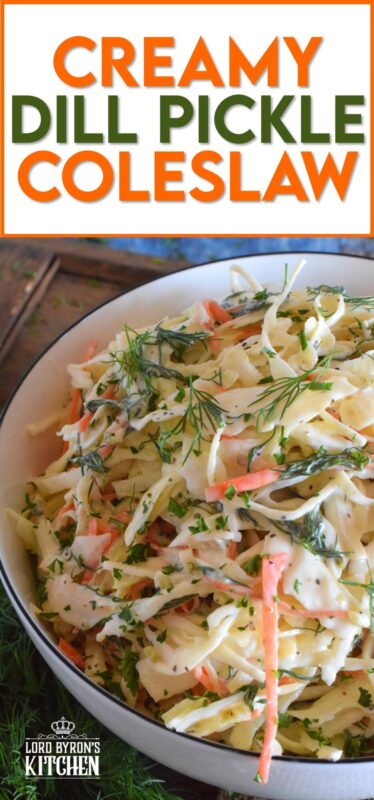 If you love dill, this Creamy Dill Pickle Coleslaw is for you! Slightly sweet and tangy, it is packed with lots of dill pickle flavour. In this recipe, there are three layers of dill flavour. There's lots of fresh dill, dill pickle juice, and finely chopped dill pickles. Is your mouth watering yet? #dillpickle #coleslaw #creamycoleslaw #pickles #salad