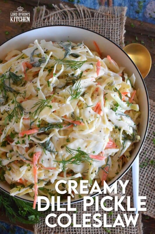 If you love dill, this Creamy Dill Pickle Coleslaw is for you! Slightly sweet and tangy, it is packed with lots of dill pickle flavour. In this recipe, there are three layers of dill flavour. There's lots of fresh dill, dill pickle juice, and finely chopped dill pickles. Is your mouth watering yet? #dillpickle #coleslaw #creamycoleslaw #pickles #salad